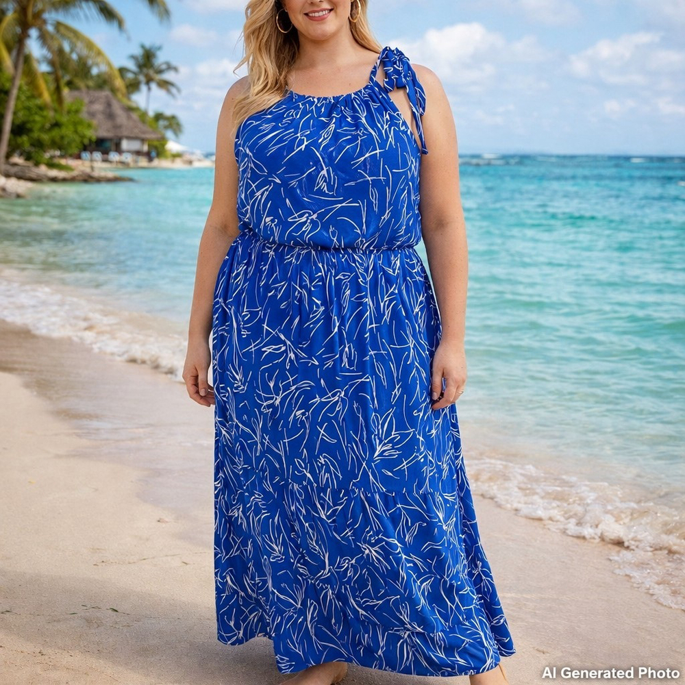Gilli Halter Maxi Dress XXL Blue White Print Elastic Waist Resort Vacation